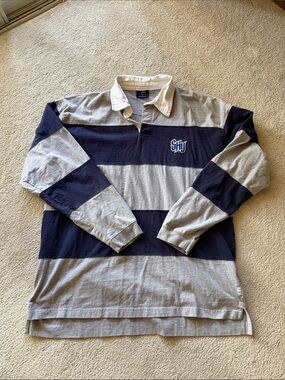 Men's Navy and Gray Striped Rugby Shirt